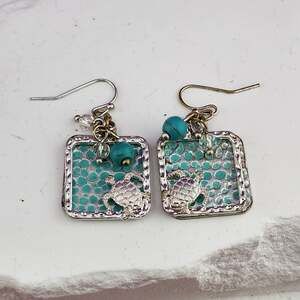 Sea Turtle Drop Earrings Turquoise Blue Silver Tone Rectangle Coastal Pair